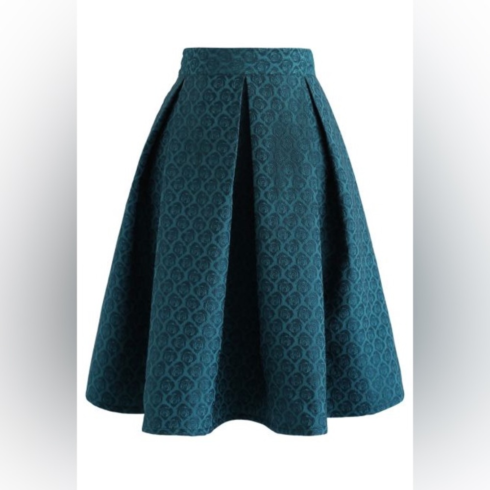 TURQUOISE ROSE JACQUARD PLEATED MIDI SKIRT